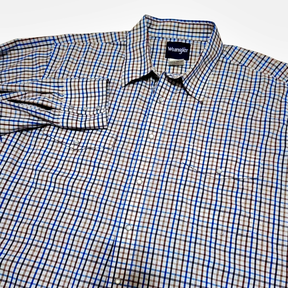 Wrangler Men's Striped Pearl Snap Button-up Size 2XLT,‎ Blue, Brown & White